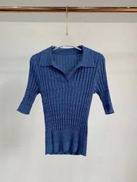 509 2022 Summer Kint Short Sleeve Lapel Neck Brand Same Style Sweater Blue Womens Clothes Weikey