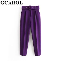 GCAROL Women High Waist Suit Pants With Belt Ankle Length Elegant Office Work Classic Trousers Multi Occasions 14 Colours 220325