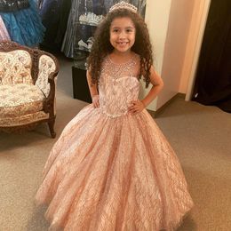 Lovely Bling Flower Girls Dresses For Weddings Jewel Neck Sequined Lace Flowers Crystal Beads Rose Gold Sleeveless Princess Kids Birthday Girl Pageant Gowns 403