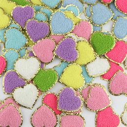 Self Adhesive Heart Patch Textile Chenille Hearts DIY Patches Gold Glitter Trim Varsity Hearted for Nylon Pouch Cosmetic Bag DIY Embroidery
