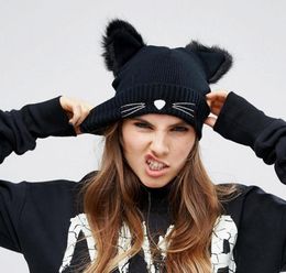 Cat Furry Ears Hat Warm Wool Cable Knit Kitten Beanie Winter Animal Caps for Women Girls Boys in Fall Winter Black