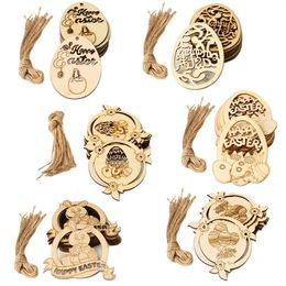 Factory Wooden Hollow Happy Easter Rabbit Eggs Decoration Home Pendants Ornaments Bunny Wood Craft Easter Supplies