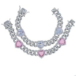 Big Heart Cz Stone paved charm bracelet with white pink Colour silver plated hip hop cuban chain bracelets Jewellery for women men punk styles jewelrys wholesale