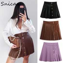 snican solid pu leather skirt high waist buttons sexy mini pleated Asymmetrical fashion faldas corta autumn bottom 220401