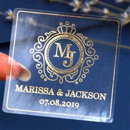 100pcs Custom Wedding for Favour Square or RoundRose Gold Sticker Real Foil Clear Stickers 220613