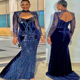 2022 Plus Size Arabic Aso Ebi Mermaid Navy Blue Prom Dresses Beaded Crystals Evening Formal Party Second Reception Birthday Engagement Gowns Dress ZJ506