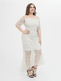 Plus Size Dresses Lace Dress Women White Party Half Sleeve Mermaid Formal Robes Off The Shoulder Vestidoes Asymmetrical Prom Gowns