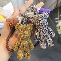 Keychains Luxury Crystal Bear Keychain Lanyard Full Rhinestone Leather Strap Animal Women Bag Charms Men Car Key RingKeychains