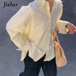 Jielur Fashion Tops Women's Shirt Chic Turn-down Collar Shirt Long Sleeve Yellow White Pink Blue Blouse Hipster Korean Spring 220407