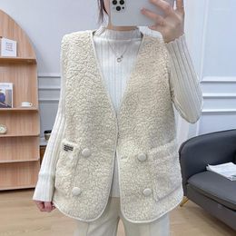 Women's Vests 2022 Fall Winter Lamb Wool Vest Women Sleeveless Jacket Thicken Warm Waistcoat V Neck Double Breasted Outerwear Garment Y213 S