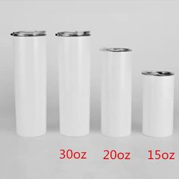 15/20/30 oz Straight Sublimation Blanks Tumblers Stainless Steel Insulted Water Cups With Plastic Straw And Lids sxm31