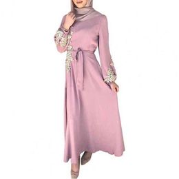 Women Ethnic Style Maxi Dress Long Sleeve Flower Beads Large Hem Belt Loose Dress for Daily Life Streetwear L220705