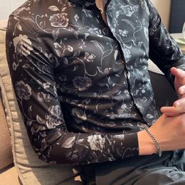 Men's Casual Shirts Spring Men's Clothing Fashion Long Sleeved Printing Floral Tee Tops Male Business Formal Stretch Polos L234Men's