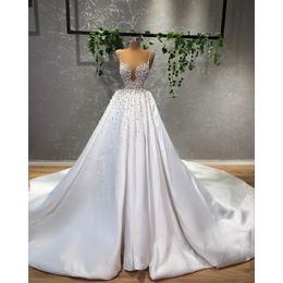 Pearls Spaghetti Strap Sleeveless Wedding Dresses Beading Bridal Gowns Luxurious A Line Women Robe de mariée Custom Made