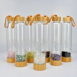 Natural crystal energy stone glass water bottle crushed quartz healing bottles with Bamboo Cap and Rope