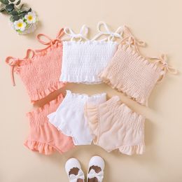 Clothing Sets 2022-03-09 Lioraitiin 0-18M Born Infant Baby Girl 2Pcs Summer Tie-Up Spaghetti Strap Ruched Solid Vest Tops Shorts