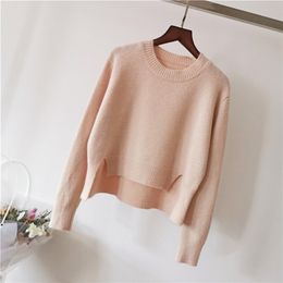 Sweater Women Front Short Back Long Round Collar Autumn Korean Fashion Full Sleeve Solid Color 201223