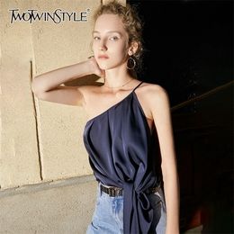 TWOTWINSTYLE Asymmetrical Lace Up Vest For Women Skew Collar Sleeveless Sexy Solid Tank Tops Female Summer Clothes Fashion 220318