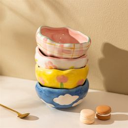 400ml Hand-painted Flower Dessert Bowl Ceramic Salad Snack Bowl Breakfast Oatmeal Kitchen Cereal Rice Soup Bowls 220307