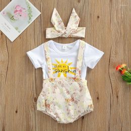 Clothing Sets Lovely Baby Girls Boys Clothes Letter Printed Short Sleeve Romper Flowers Overalls Shorts Headband 0-18MClothing