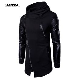 LASPERAL Harajuku Mens Casual Hoodie Jackets Pu Leather Patchwork Motorcycle Long Outwear Coat Zipper Irregular Rock Coats LJ200826