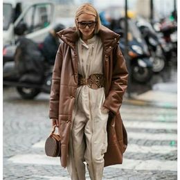 Casual Khaki Windproof Parkas Fashion winter PU Leather Coats Women Elegant Long Cotton Jackets Female Ladies 201127