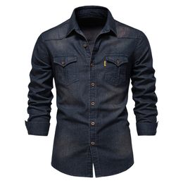 AIOPESON Brand Elastic Cotton Denim Shirt Men Long Sleeve Quality Cowboy Shirts for Casual Slim Fit s Designer Clothing 220323