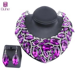 Women Accessories Wedding Bridal Silver Color Statement Necklace Earring Rhinestone Crystal Pendant Party Jewelry Set 10 Colors