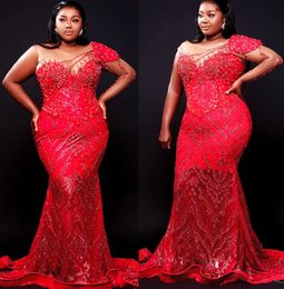 Plus Size Arabic Aso Ebi Red Mermaid Sparkly Prom Dresses Sheer Neck Sexy Evening Formal Party Second Reception Birthday Engagement Gowns Dress Zj5y5 407