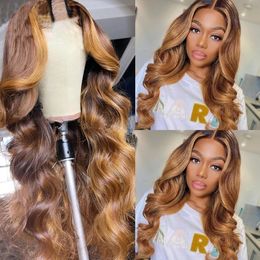 Glueless Ombre Chestnut Brown V Part 100% Human Hair Body Wavy Highlight Blonde U Shape Wig Wavy Remy Full Machine Made Wigs