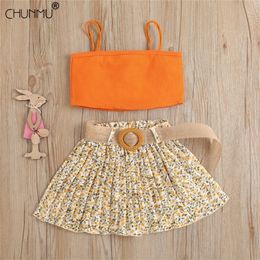 Girls Clothing Sets Spring Summer Flower Knitted Suit Kids Top Pleated Skirt Outfit for Baby Clothes 220507