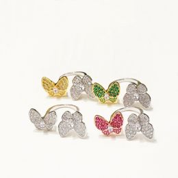 Europe America Fashion Rings Lady Women Brass Settings Coloured Diamond 18K Gold Two Butterfly Between the Finger Ring 4 Colour