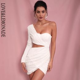 LOVE&LEMONADE Sexy White Cut Out Single Sleeve Glitter Glue Bead Material Bodycon Party Dress LM81650 220507