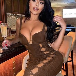 Simenual Ribbed Cut Out Split V Neck Corset Dress Strap Skinny MIdnight Clubwear Birthday Outfit For Women Party Dresses Summer 226014