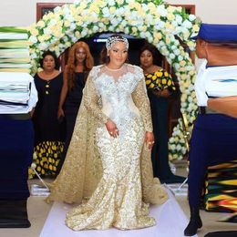 African Lace Wedding Dresses Wit long Wrap Tassels gold champagne Plus Size Bridal Dress Long Sleeve Appliques Beads Sheer Neck vestidos de novia