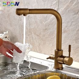 Antique Filter Kitchen Faucets SDSN Drinking Filtered Water Kitchen Faucet 360 Rotation Brass Kitchen Mixer Tap Gold Filter Tap T200805