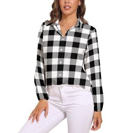 Women's Blouses & Shirts Checkerboard Print Loose Blouse White Black Plaid Street Wear Oversize Women Long Sleeve Elegant Pattern ClothingWo