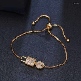 Link Chain Korean Luxury Crystal Design Gold Colour Bracelet Adjustable Key And Lock Shape Cubic Zirconia Women Shiny Jewellery Trum22