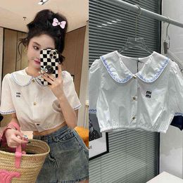 spring and summer blue check collar edge baby embroidered short shirt fresh sweet blouse women