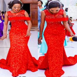 2022 Plus Size Arabic Aso Ebi Luxurious Mermaid Red Prom Dresses Beaded Lace Evening Formal Party Second Reception Birthday Engagement Gowns Dress ZJ567