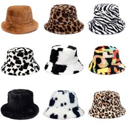 Winter Cow Leopard Faux Fur Fluffy Bucket Outdoor Warm Sun Hat Soft Velvet Furry Fisherman Cap Girl Fashion Panama 220629
