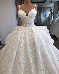 Luxury Ball Gown Lace Wedding Dresses Sexy Spaghetti Straps V Neck Appliques Beads Ruffles Long Bridal Gowns With Coreset Back BC2166