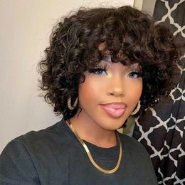 Short funmi bouncy curl human hair wig 150%density full natural end machine made non lace wigs naturel Colour soft curly