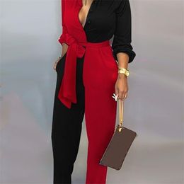 New Fashion Women Long Rompers Casual Red Black Overalls Colorblock Long Sleeve Knotted Jumpsuit 210326