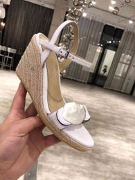 New Summer Beach High heels fashion Casual Sandals 100% leather Wedges Belt buckle Women Shoes lady Metal cowhide letter Work shoe Large