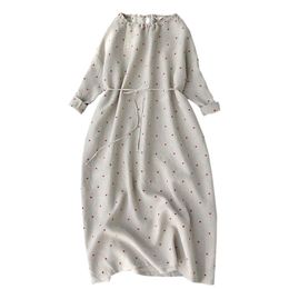 Casual Dresses Women's Linen Dot Embroidery Long Dress Skirt Autumn Long-sleeved Lace-up Young Style Ankle-Length Slash NeckCasual