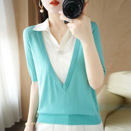 Women's T-Shirt Lapel Short-sleeved Women's Solid Colour Knitted Wild Summer Wool Sweater Thin Pullover Promotion S-XXLWomen's