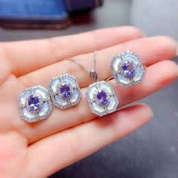 S925 Sterling Silver Inlaid Necklace Ring Stud Earrings Natural Tanzanite Set