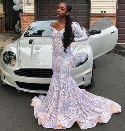 Long Sparkly Gala Prom Dresses 2022 Sexy Mermaid Off The Shoulder Long Sleeves African Ladies Black Girl Sequin evening gowns