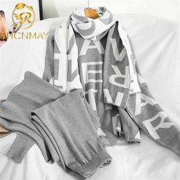 Women Knited Letter Sweater Pants Cape Long Scarf 3PCS Suits Knit Pullovers Cappa Wraps Wide Leg Trousers Sets 210331